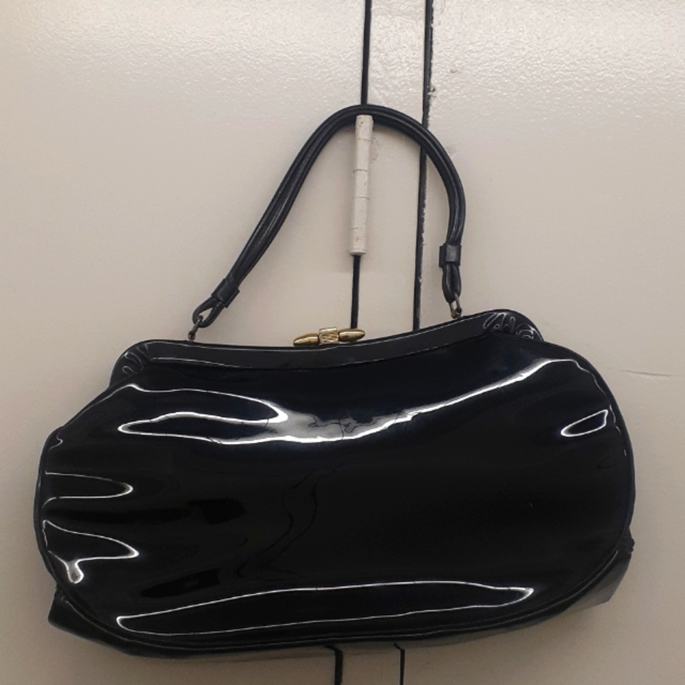 Vtg 60s Black Patent Rockabilly Kelly Bag Handbag Oversized Granny Purse